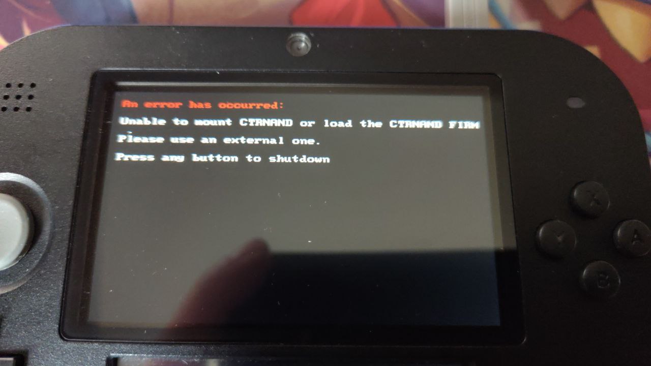 The 2DS upper screen showing an error