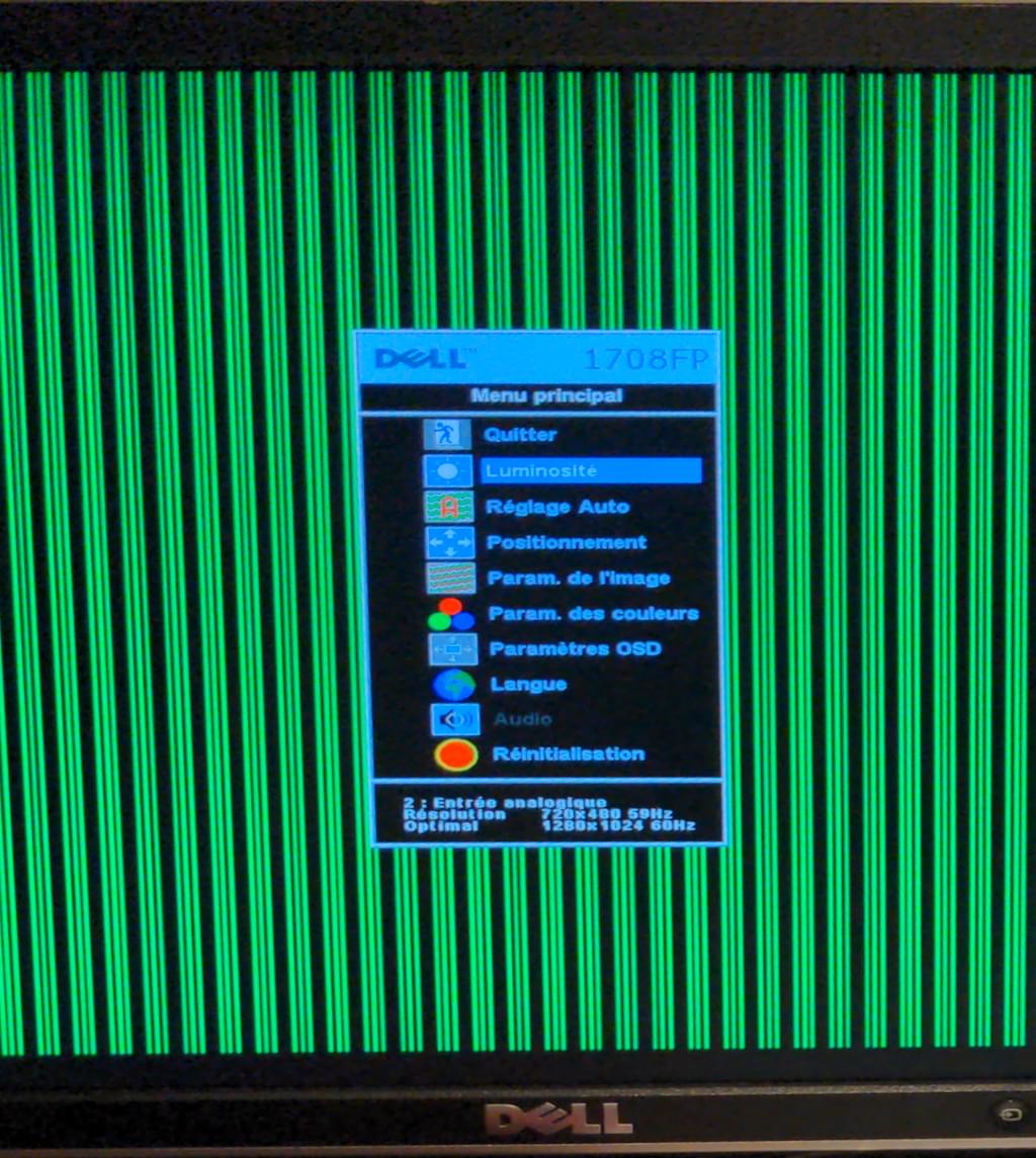 A Dell monitor showing green vertical lines and the OSD showing the resolution, 720x480, and frequency, 59Hz