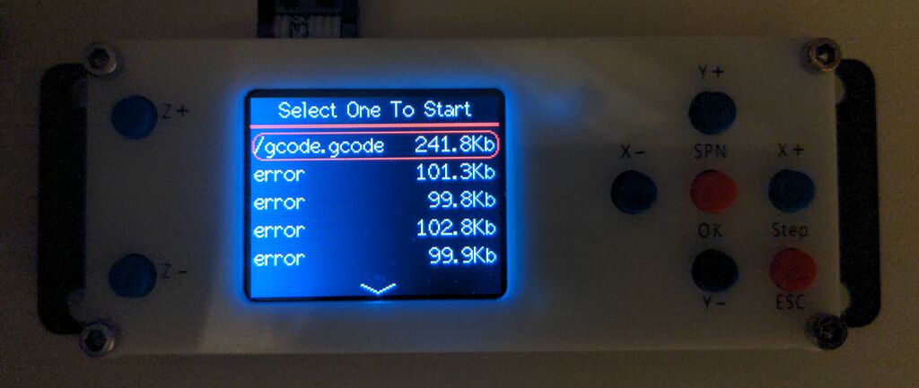 A close up of the control module, showing a list of files where all but on files are named "error"