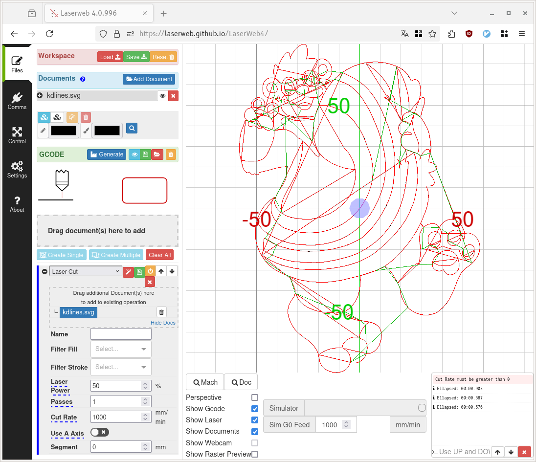 The LaserWeb software running in a browser, showing some parameters on the left and bottom, and the outline of picture of a skunk in red, with some additional green lines