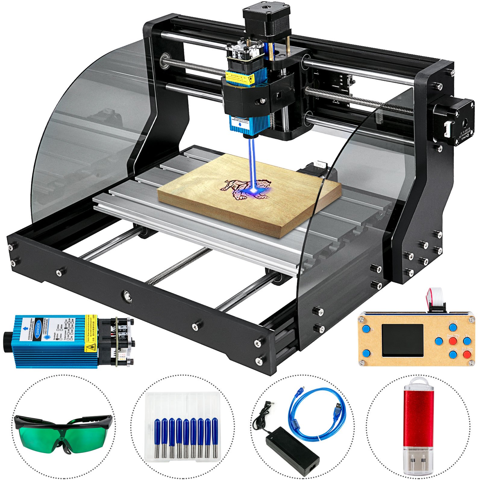 A small CNC router carrying a laser module engraving a lion on a piece of weed. A few accessories are pictured below.